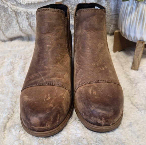 Sorel Evie Wedge Bootie Pull On Ankle Boot Tan Leather Waterproof Size 6.5 - Picture 2 of 9